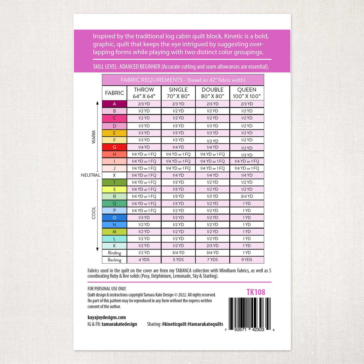 Back of the Kinetic Quilt Pattern by Tamara Kate Designs