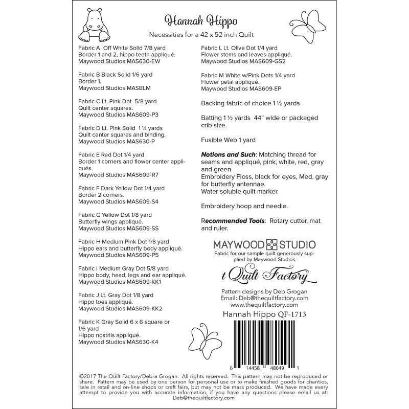 Bacl of the Hannah Hippo Quilt Pattern by The Quilt Factory