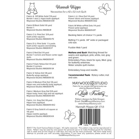 Bacl of the Hannah Hippo Quilt Pattern by The Quilt Factory