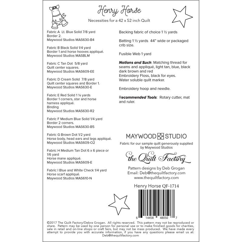 Materials list for Henry Horse quilt pattern