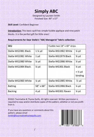 Back of the Simply ABC Quilt Pattern by Tourmaline & Thyme Quilts