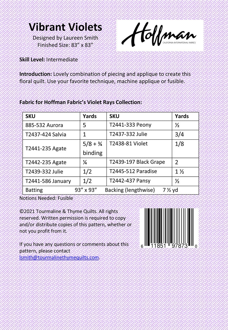 Back of the Vibrant Violets Quilt Pattern by Tourmaline & Thyme Quilts