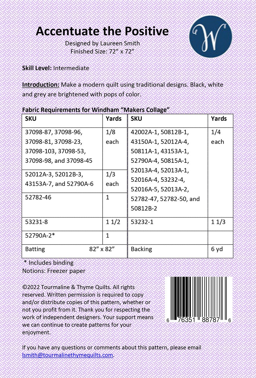 Back of the Accentuate the Positive by Tourmaline & Thyme Quilts
