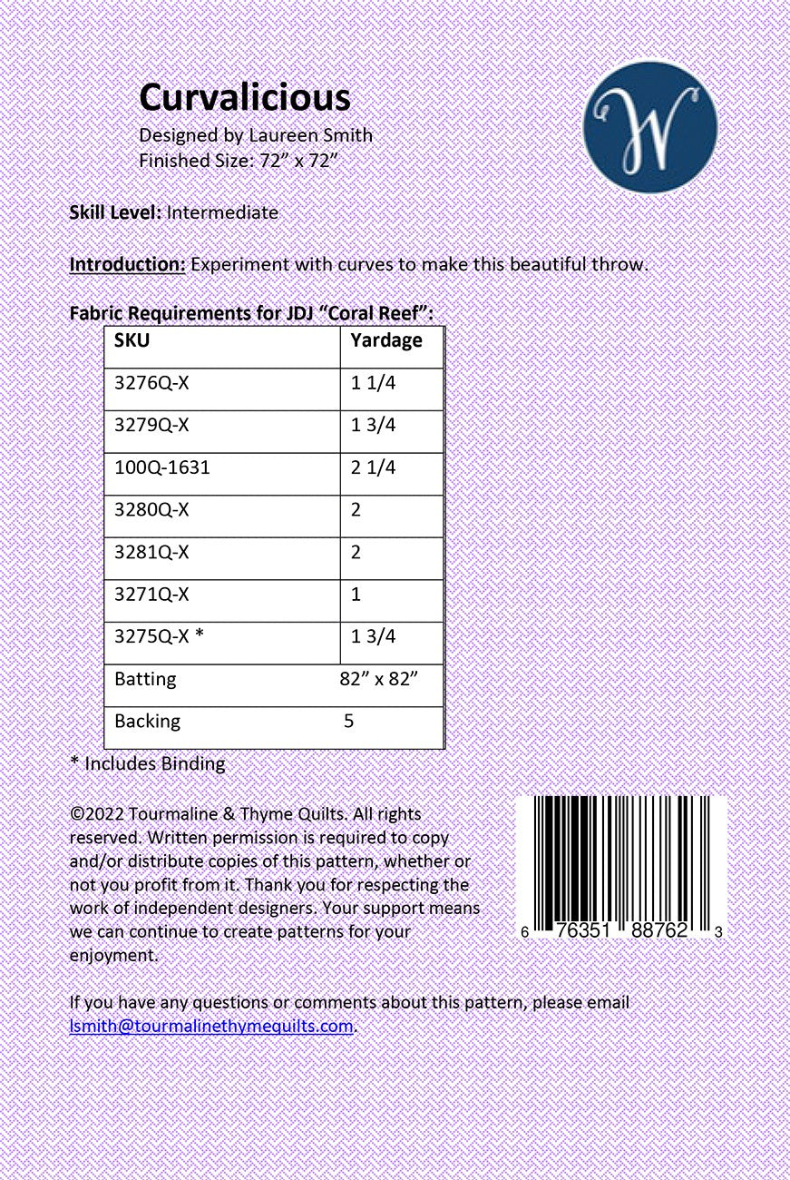Back of the Curvilicous Quilt Pattern by Tourmaline & Thyme Quilts