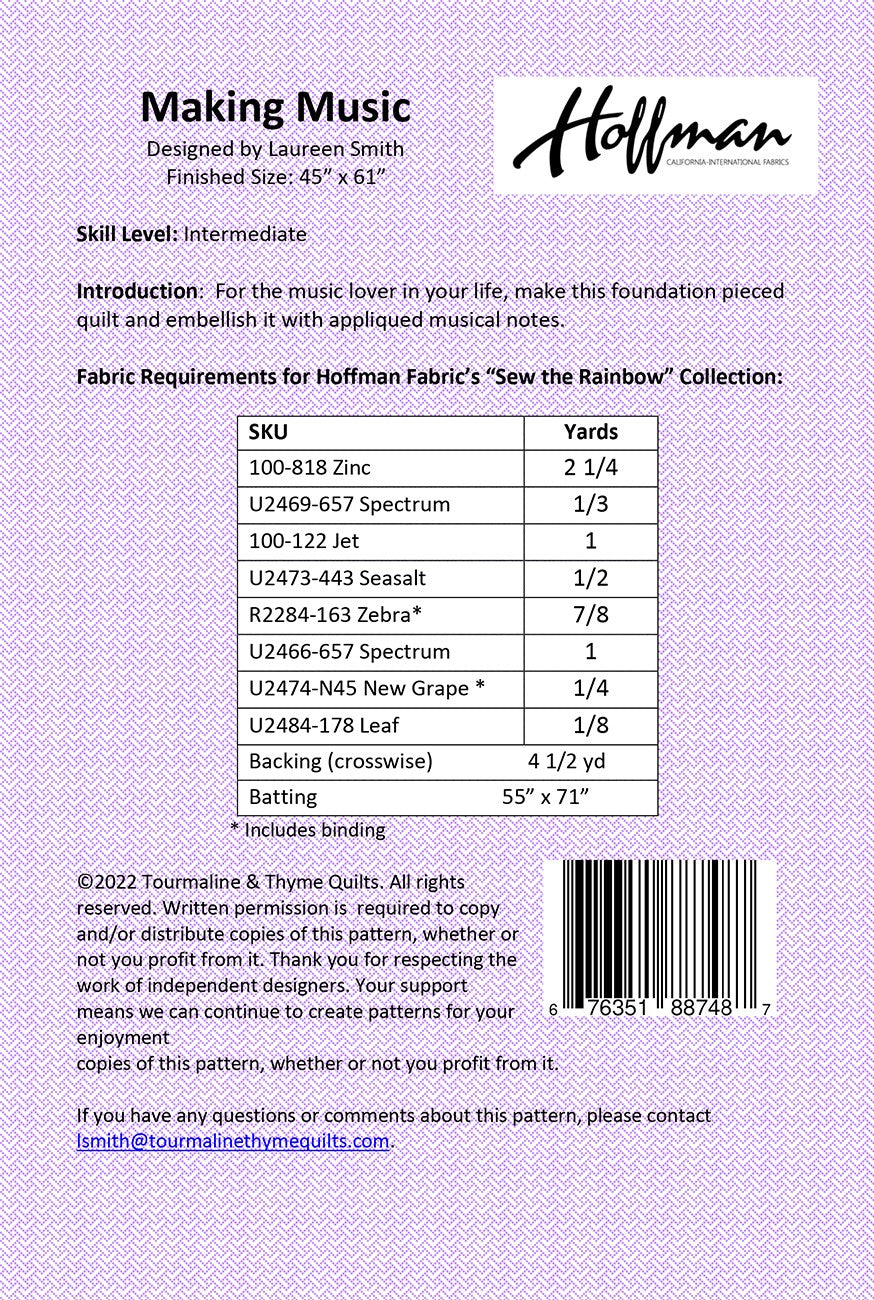 Back of the Making Music Quilt Pattern by Tourmaline & Thyme Quilts