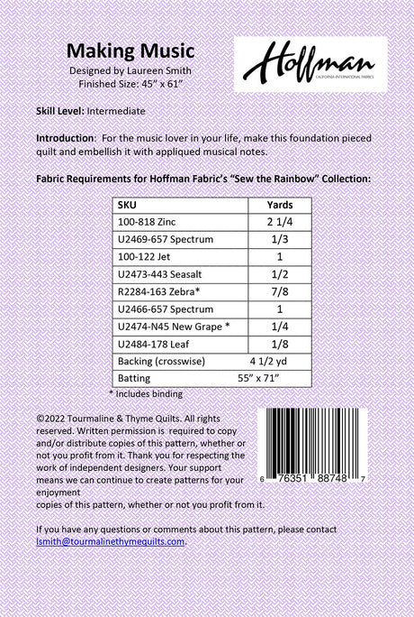 Back of the Making Music Quilt Pattern by Tourmaline & Thyme Quilts