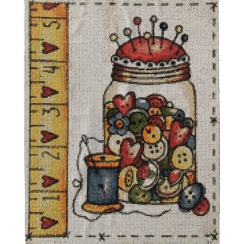 Button Jar diamond art kit showing vintage buttons, pincushion, thread and ruler