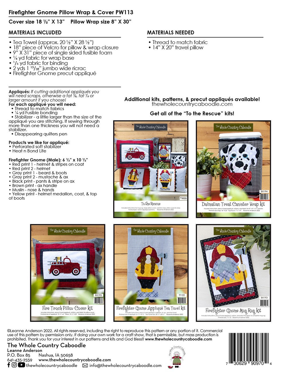 Back of the Firefighter Gnome Pillow Wrap & Cover Kit by Whole Country Caboodle