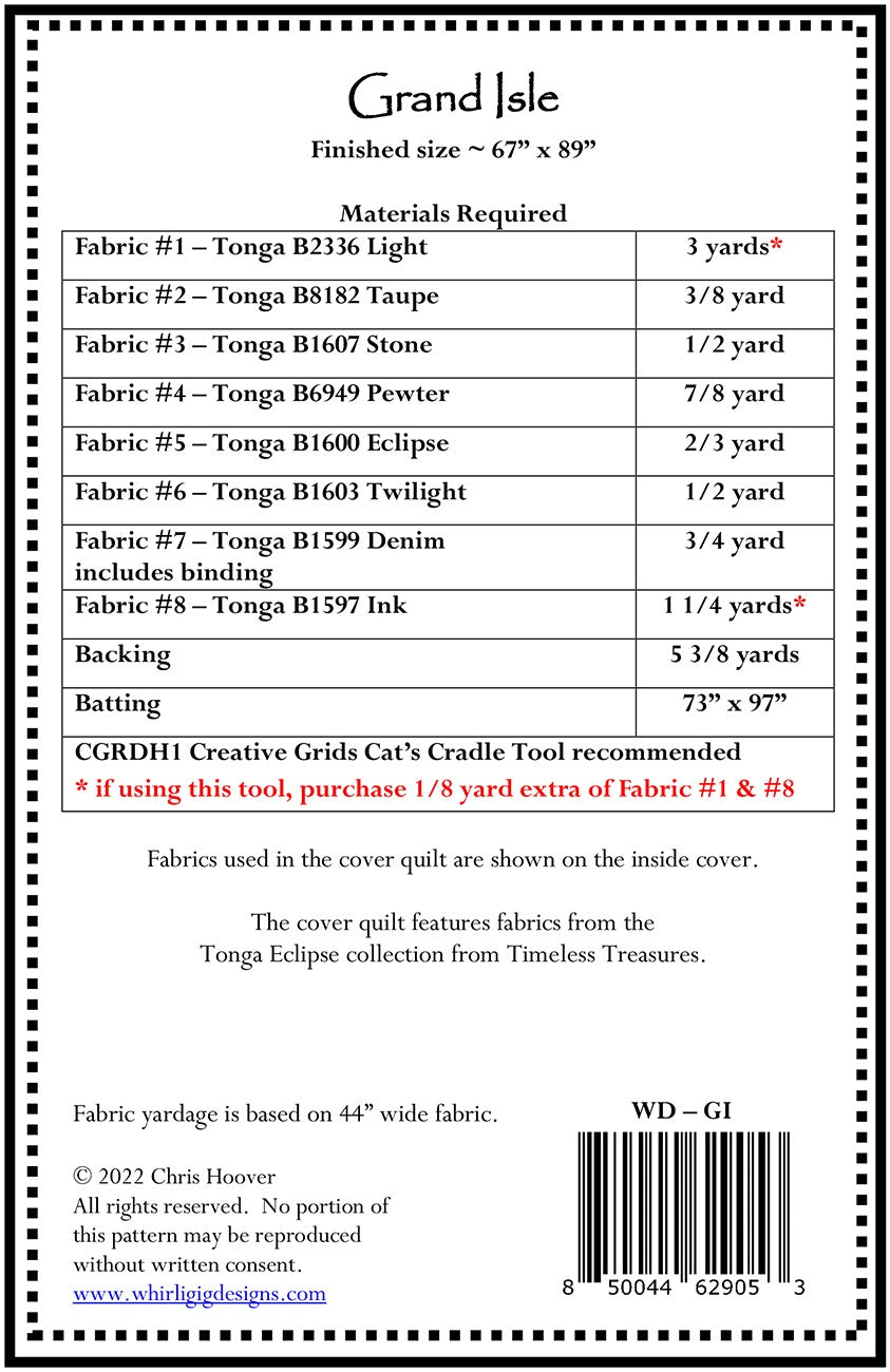 Back of the Grand Isle Quilt Pattern by Whirligig Designs