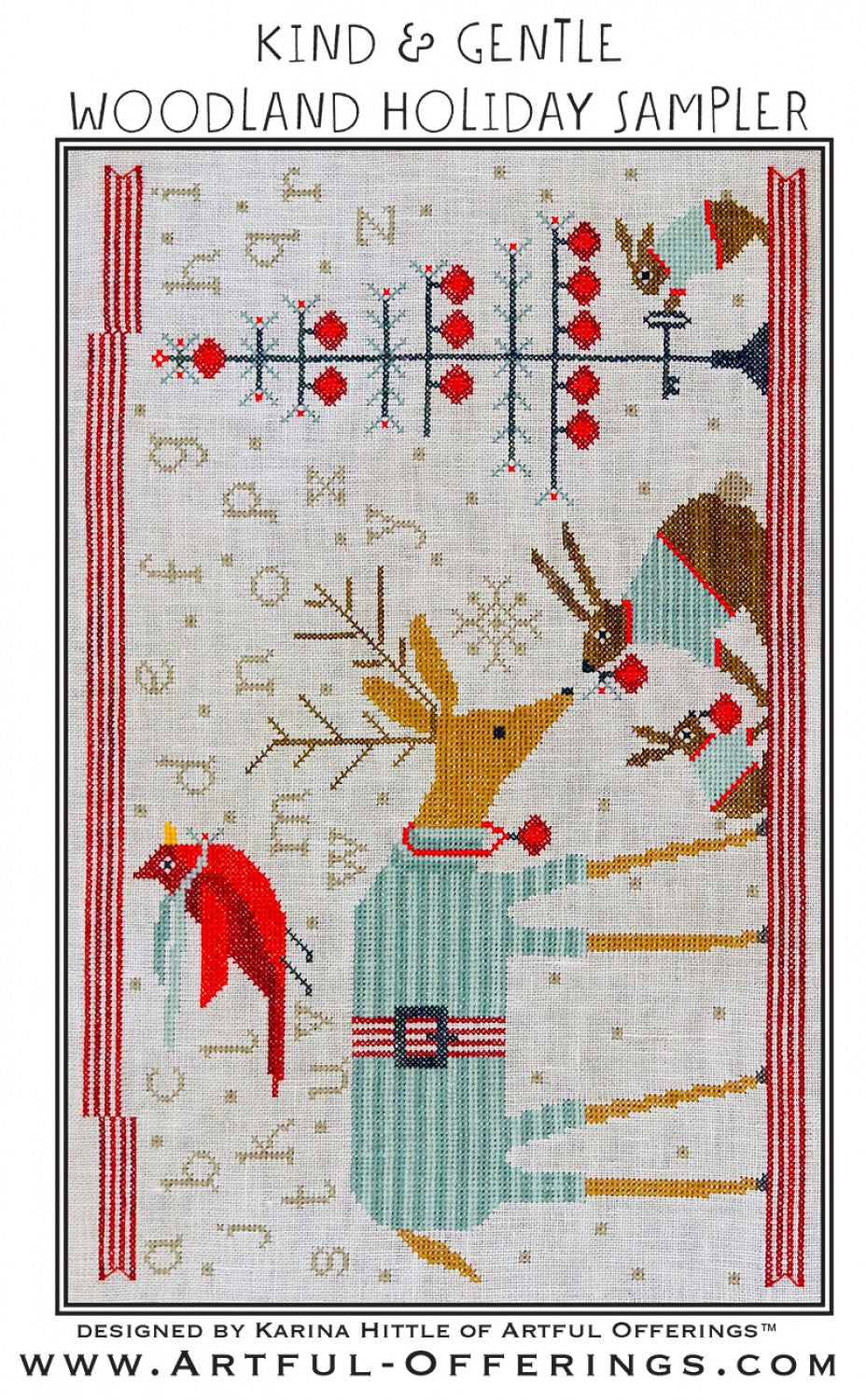 Kind & Gentle Woodland Holiday Sampler Pattern. It shows a deer a bunny and a bird. 