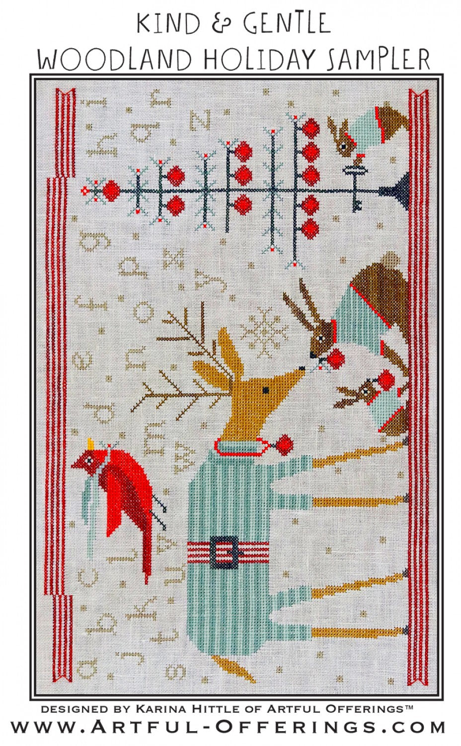 Kind & Gentle Woodland Holiday Sampler Pattern. It shows a deer a bunny and a bird.
