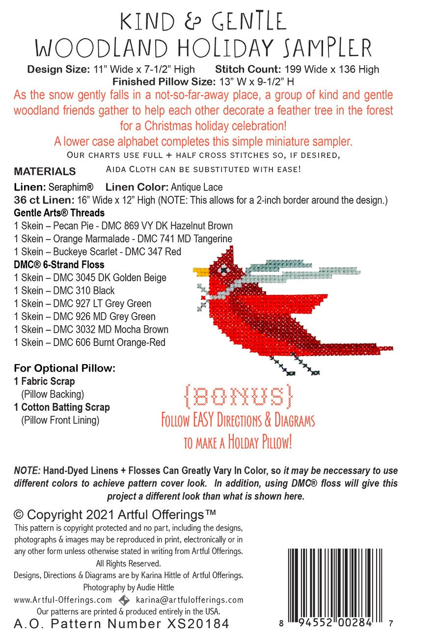 Back of the Kind & Gentle Woodland Holiday Sampler Pattern.