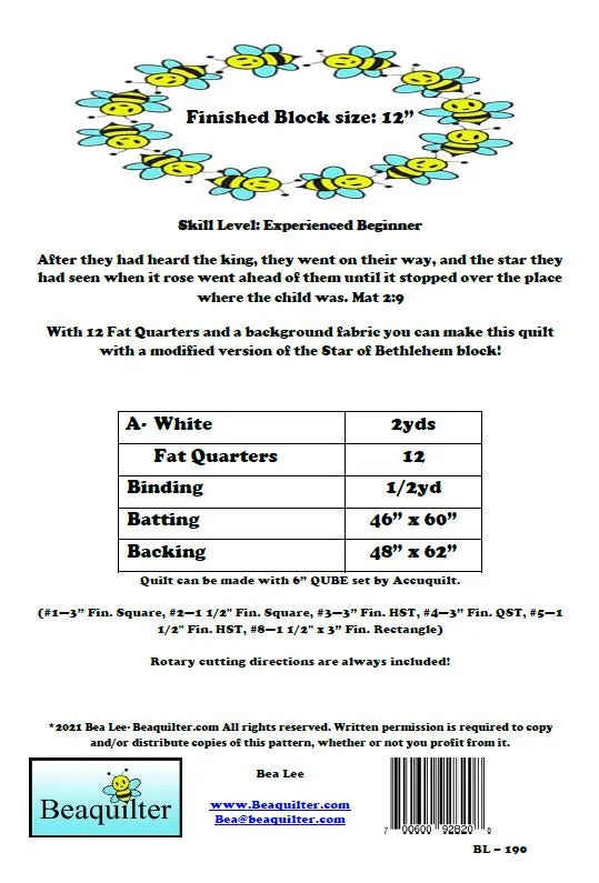 Back of the Oh, Little Star of Bethlehem Downloadable Pattern by Beaquilter