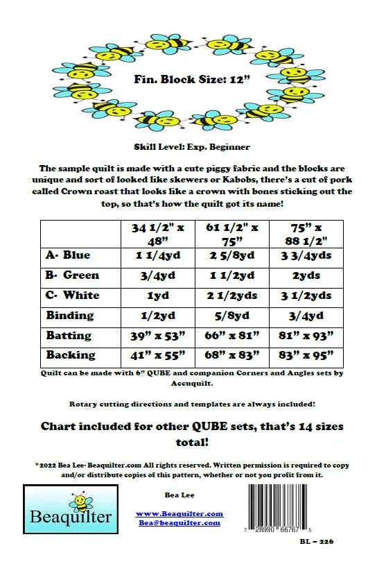 Back of the Crown Roast Quilt Pattern by Beaquilter