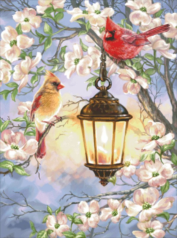 Spring Lantern With Cardinals Cross Stitch By Dona Gelsinger