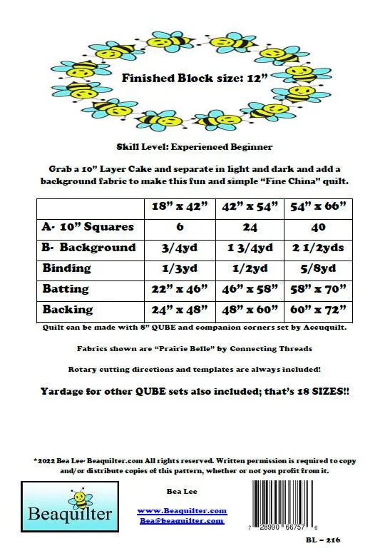 Back of the Fine China Quilt Pattern by Beaquilter