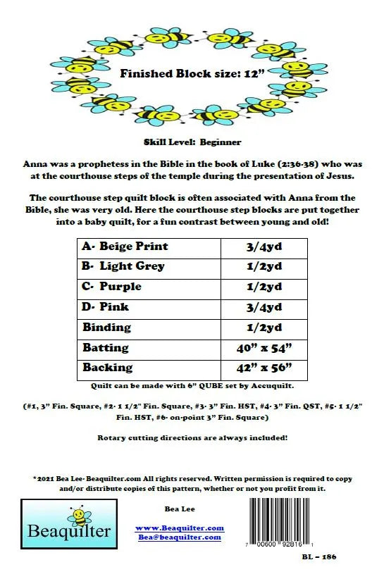 Back of the First Steps Downloadable Pattern by Beaquilter