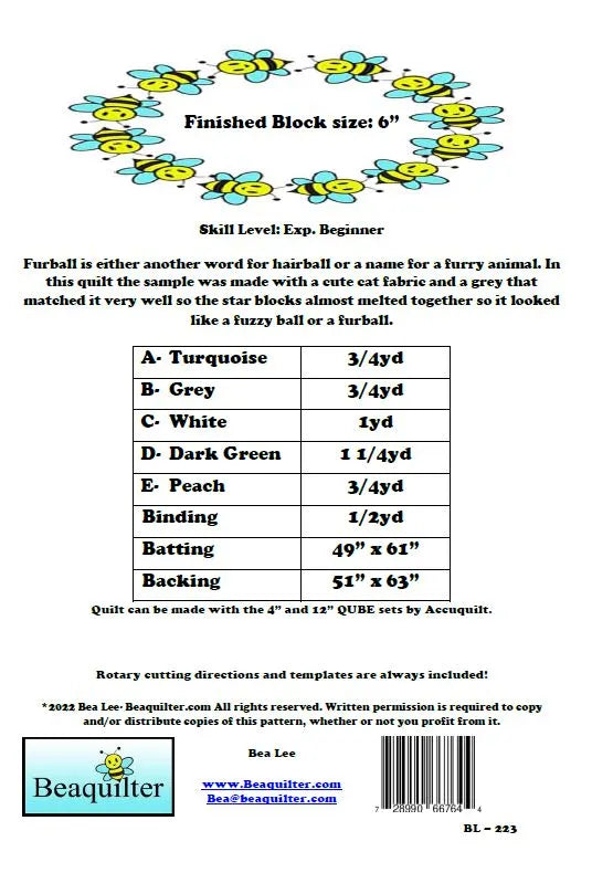 Back of the Furball Quilt Pattern by Beaquilter