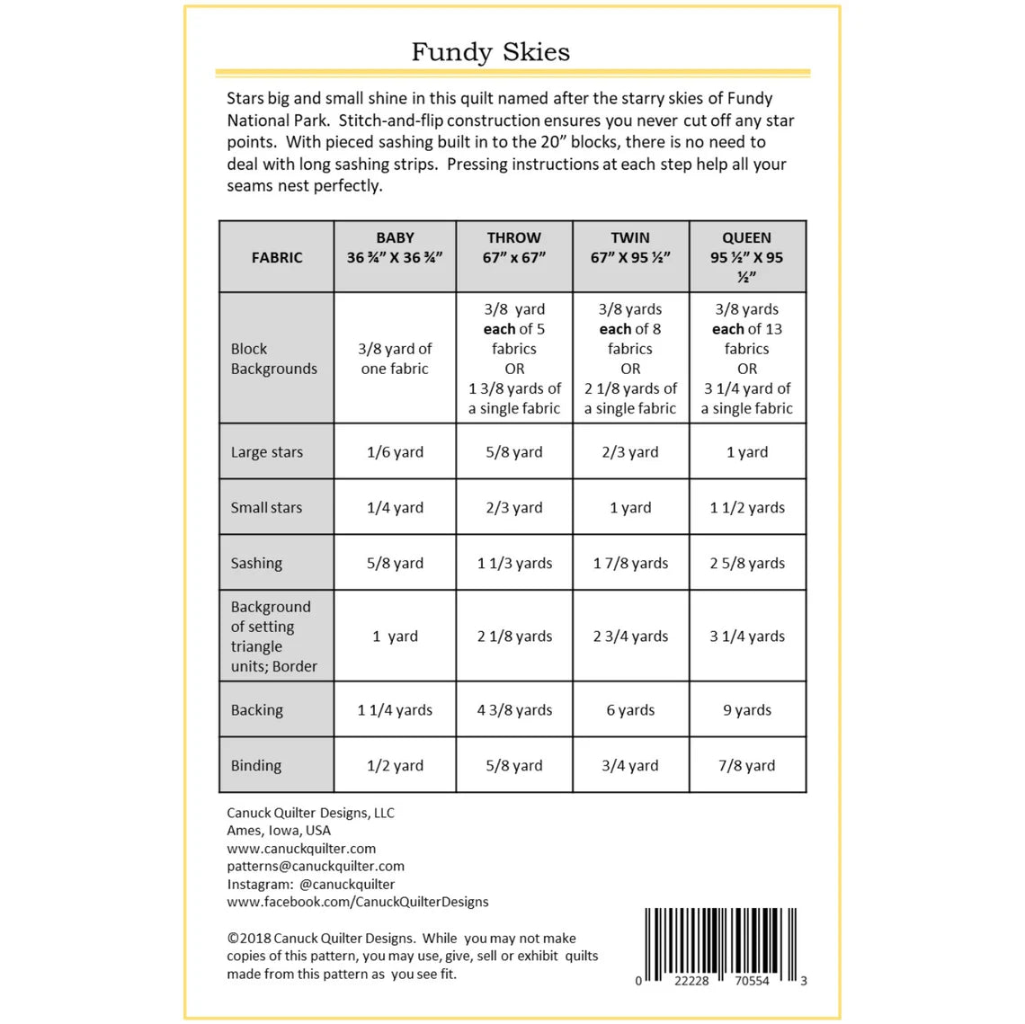 Back of the Fundy Skies Quilt Pattern by Canuck Quilter Designs