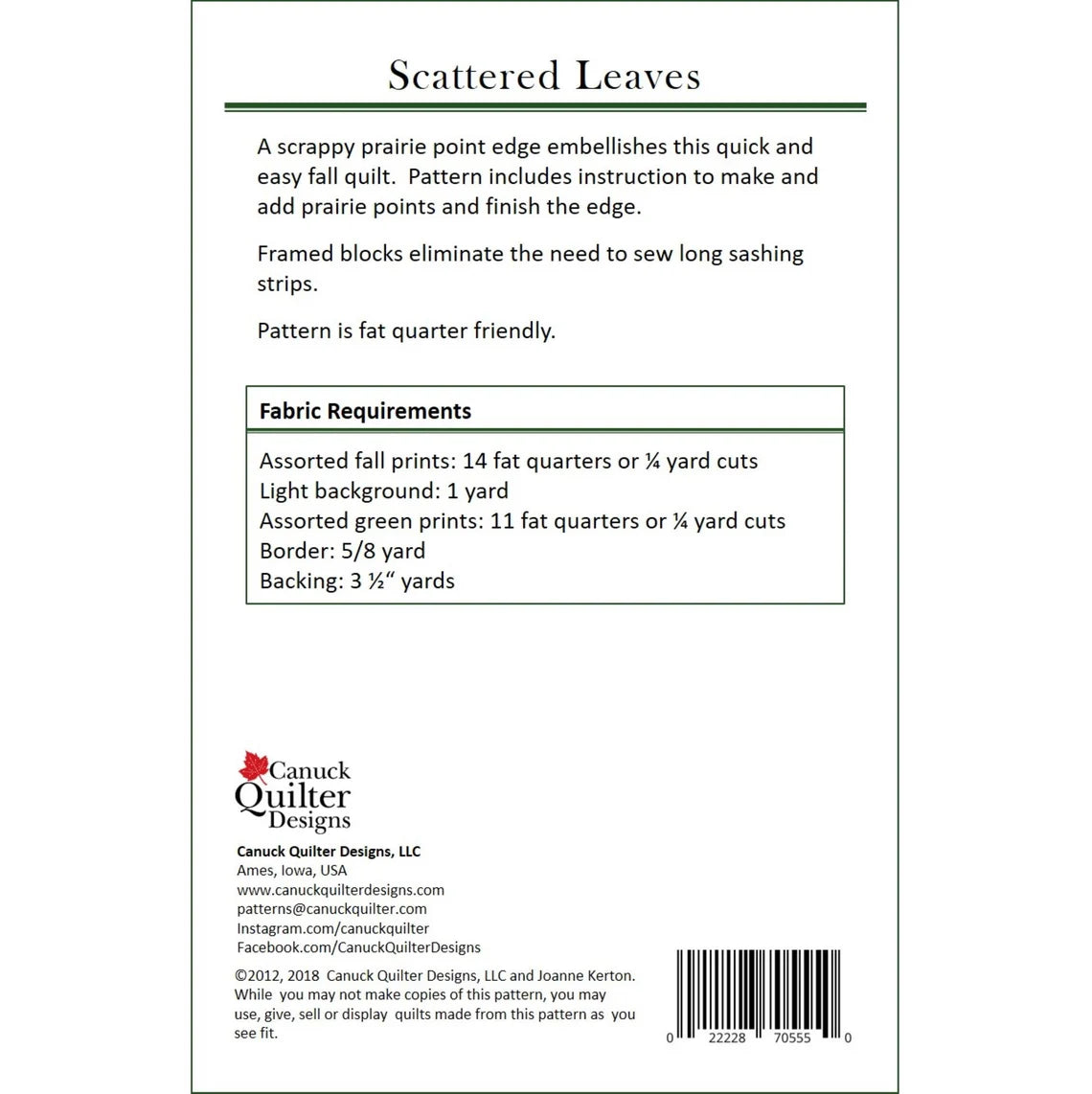 Back of the Scattered Leaves Quilt Pattern by Canuck Quilter Designs