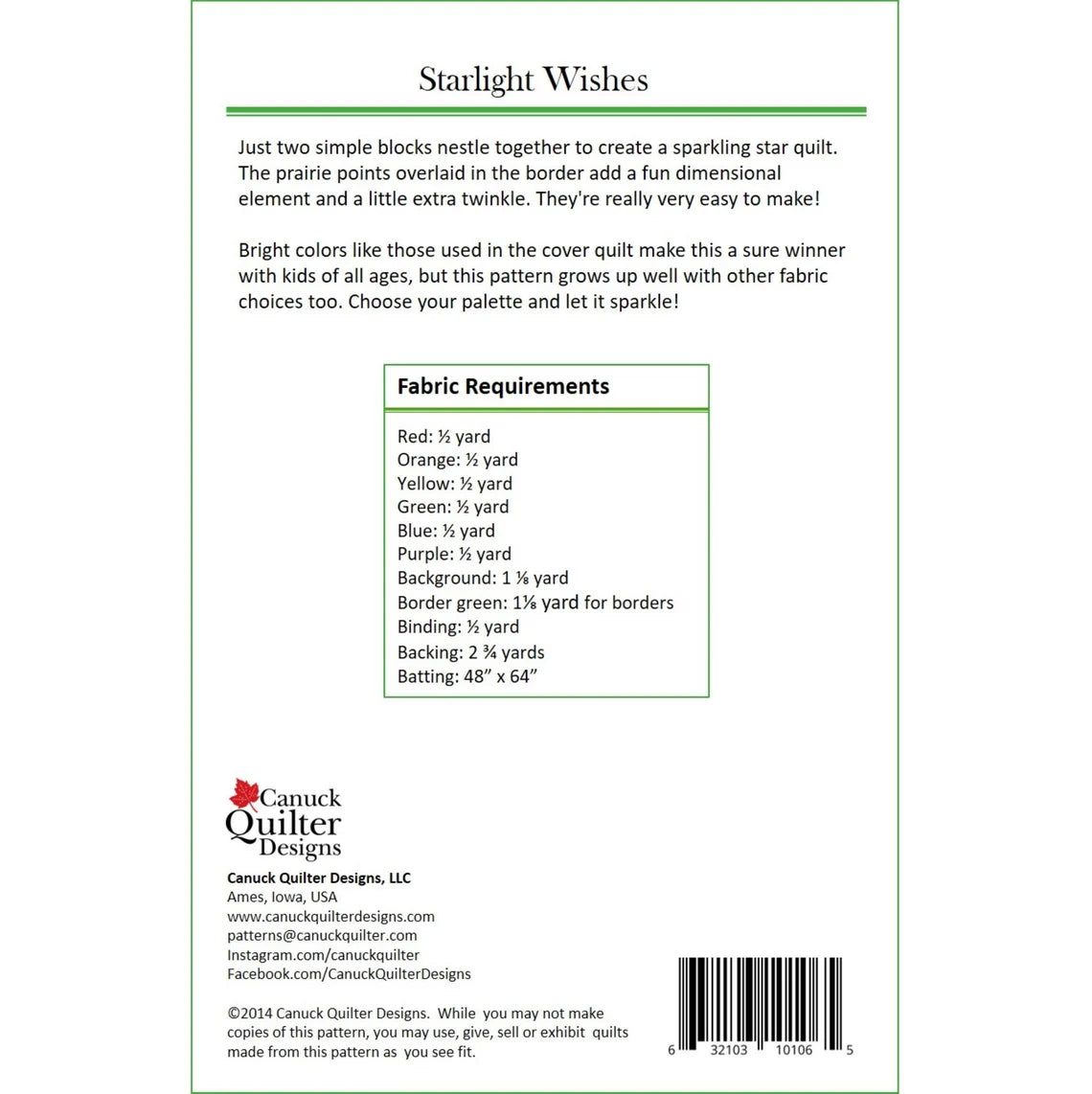 Back of the Starlight Wishes Quilt Pattern by Canuck Quilter Designs