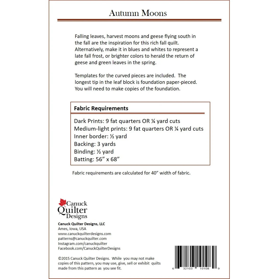 Back of the Autumn Moons Quilt Pattern by Canuck Quilter Designs