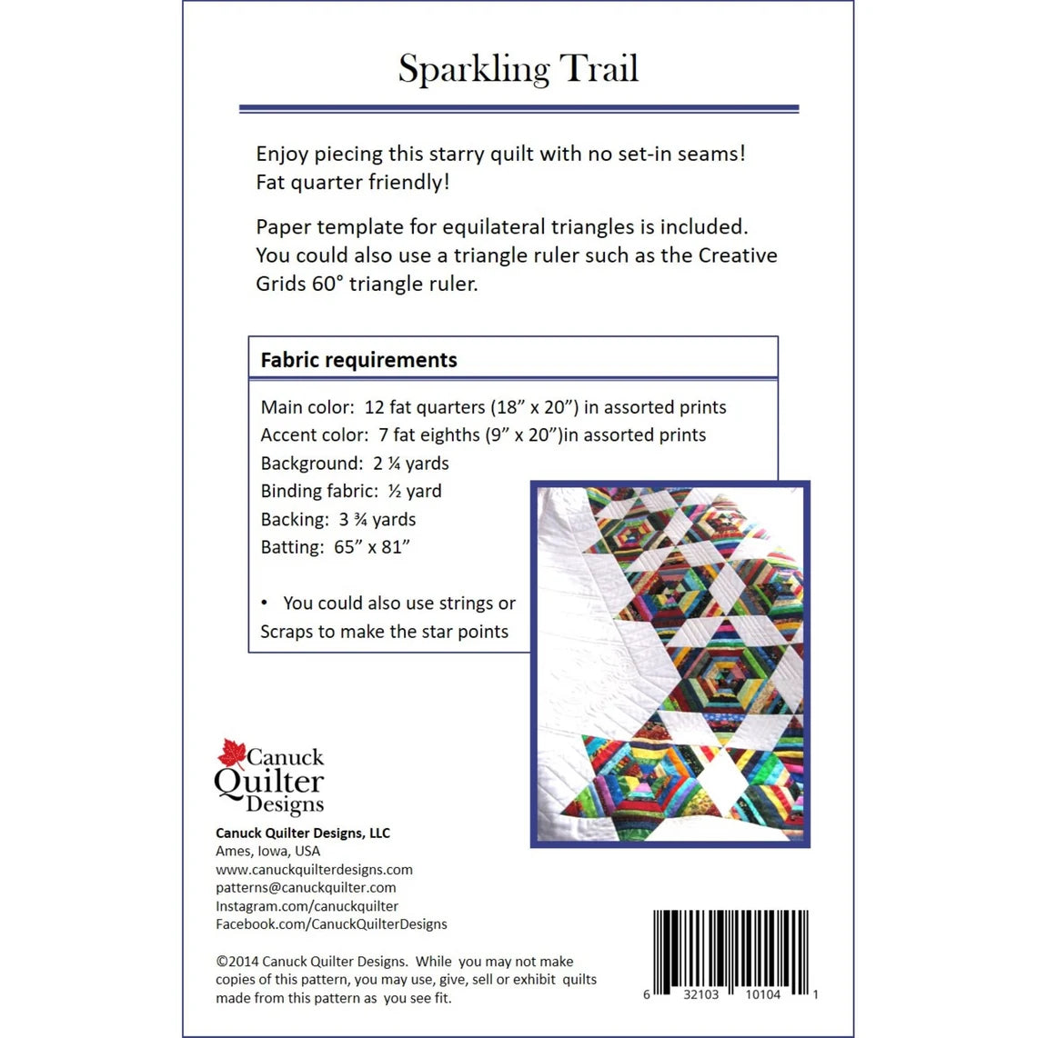 Back of the Sparkling Trail Quilt Pattern by Canuck Quilter Designs