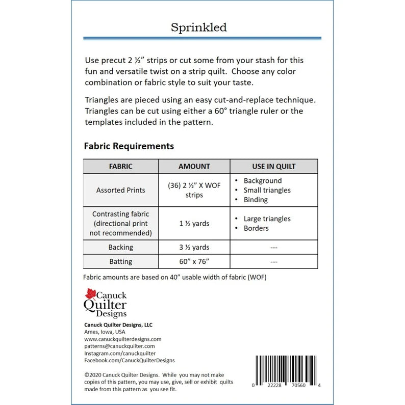 Back of the Sprinkled Quilt Pattern by Canuck Quilter Designs