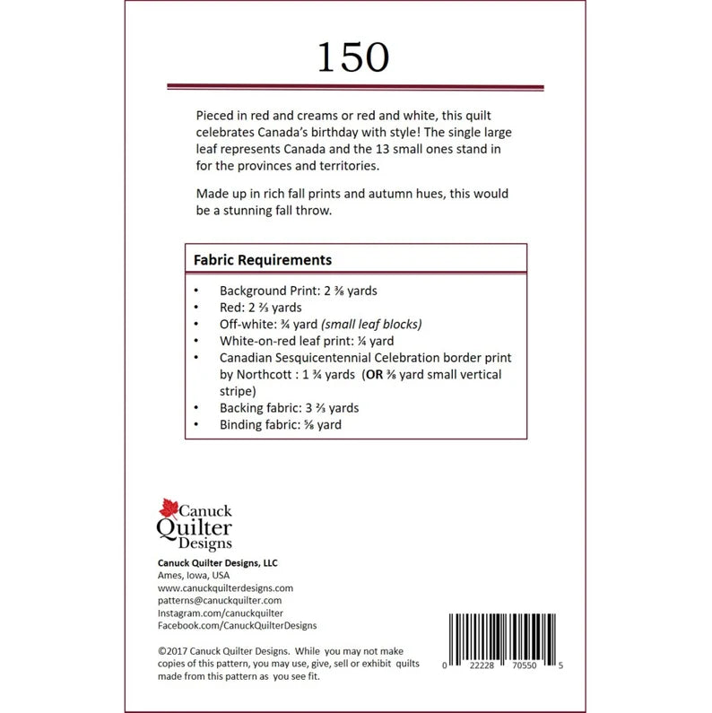 Back of the 150 Quilt Pattern by Canuck Quilter Designs