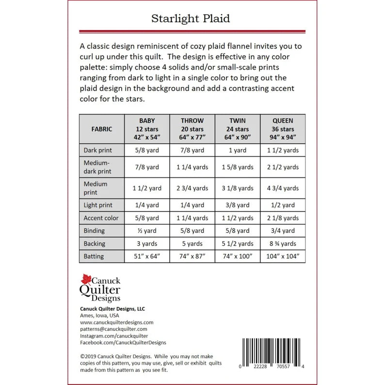 Back of the Starlight Plaid Quilt Pattern by Canuck Quilter Designs