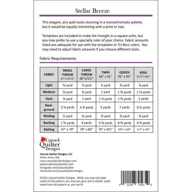 Back of the Stellar Breeze Quilt Pattern by Canuck Quilter Designs