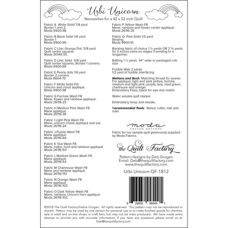 Back of package specifics for Urbi Unicorn quilt