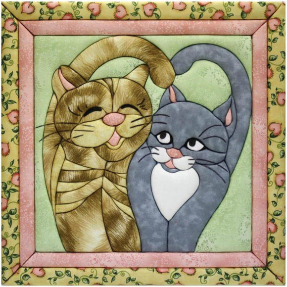 No Sew wall hanging kit showing a gray and a brown tabby cat in a floral heart frame