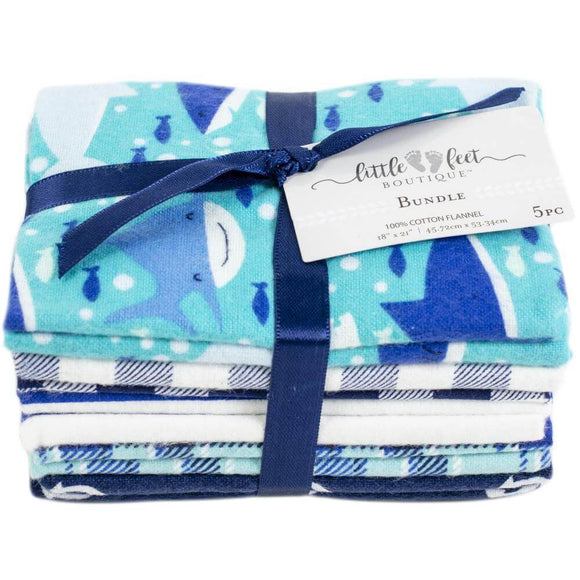 Sea Life bundle of fat quarter precut fabrics by Little Feet Boutique, showing stack of 5 flannel fabrics