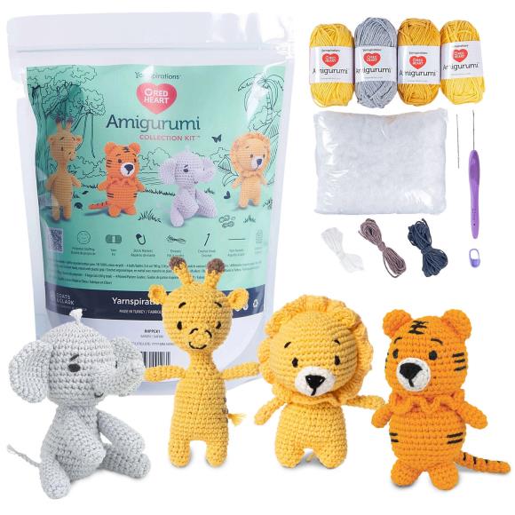 Red Heart Amigurumi Crochet Kit Collection - Giraffe, Lion, Tiger & Elephant