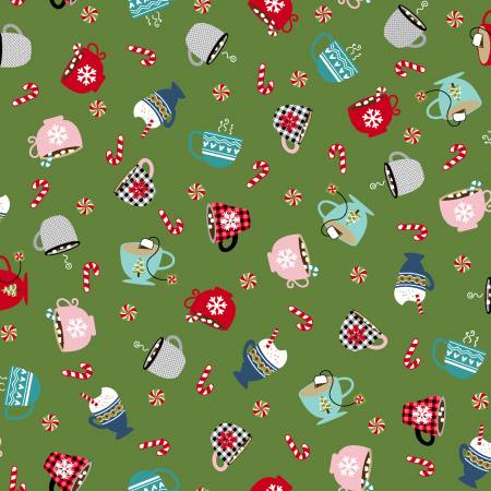 Cup of Cheer – Mugs Green Quilt Fabric