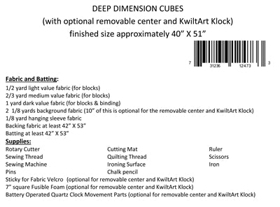 Back of the Deep Dimension Cubes Quilt Pattern by Kwilt Art