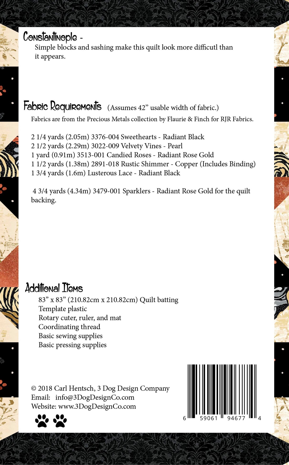 Back of the Constantinople Downloadable Pattern by 3 Dog Design Co Quilt Patterns