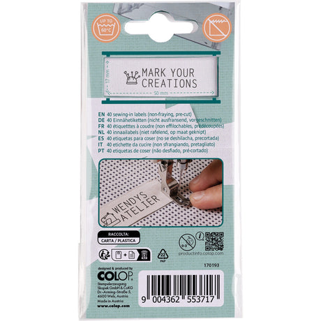 Back of the Craft Labeler Sew-in Labels Satin White 40pk by Colop USA