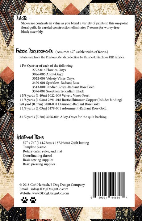 Back of the Juliette Downloadable Pattern by 3 Dog Design Co Quilt Patterns