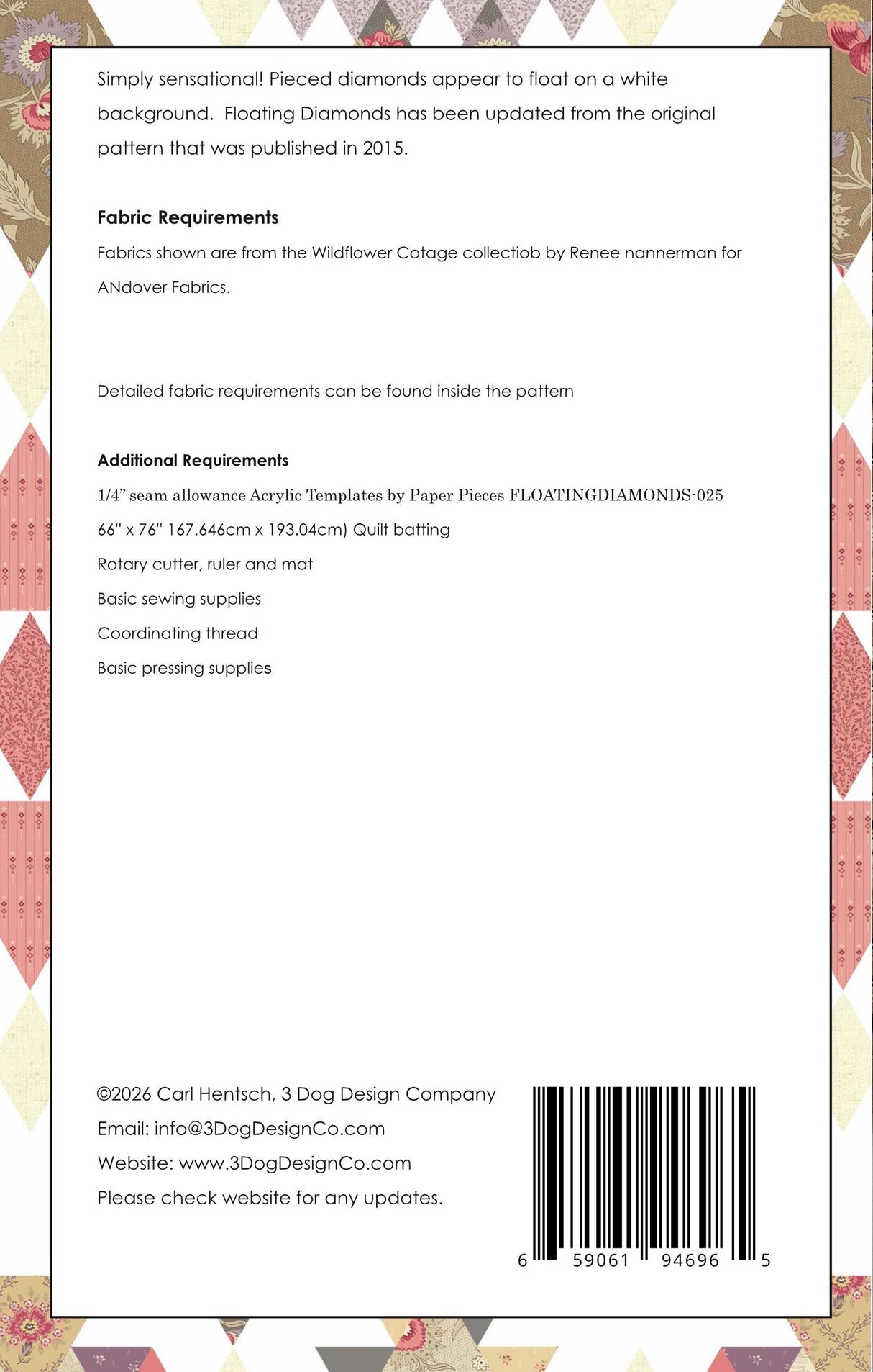 Back of the Floating Diamonds Downloadable Pattern by 3 Dog Design Co Quilt Patterns