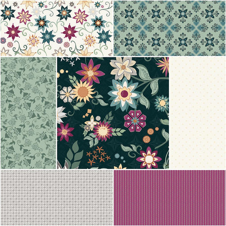 Where the Wild Flowers Are 1 Yard Bundle Dark Teal, 7 Pcs. Quilt Fabric by Judi Madsen
