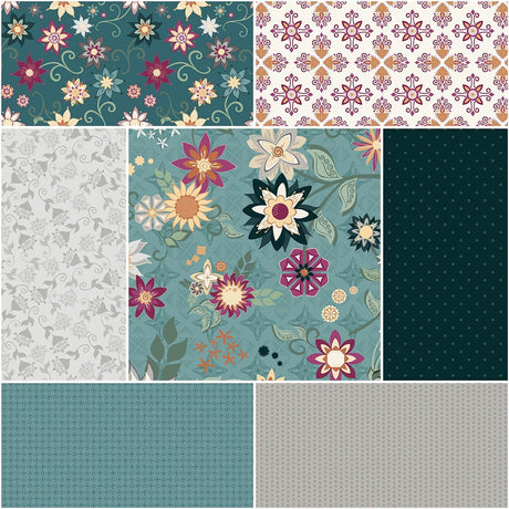 Where the Wild Flowers Are 1 Yard Bundle Wedgewood, 7 Pcs. Quilt Fabric by Judi Madsen