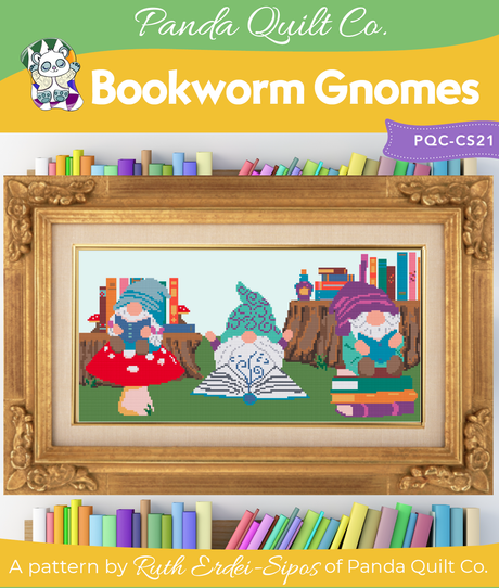 Bookworm Gnomes Downloadable Cross Stitch Pattern by Panda Quilt Co