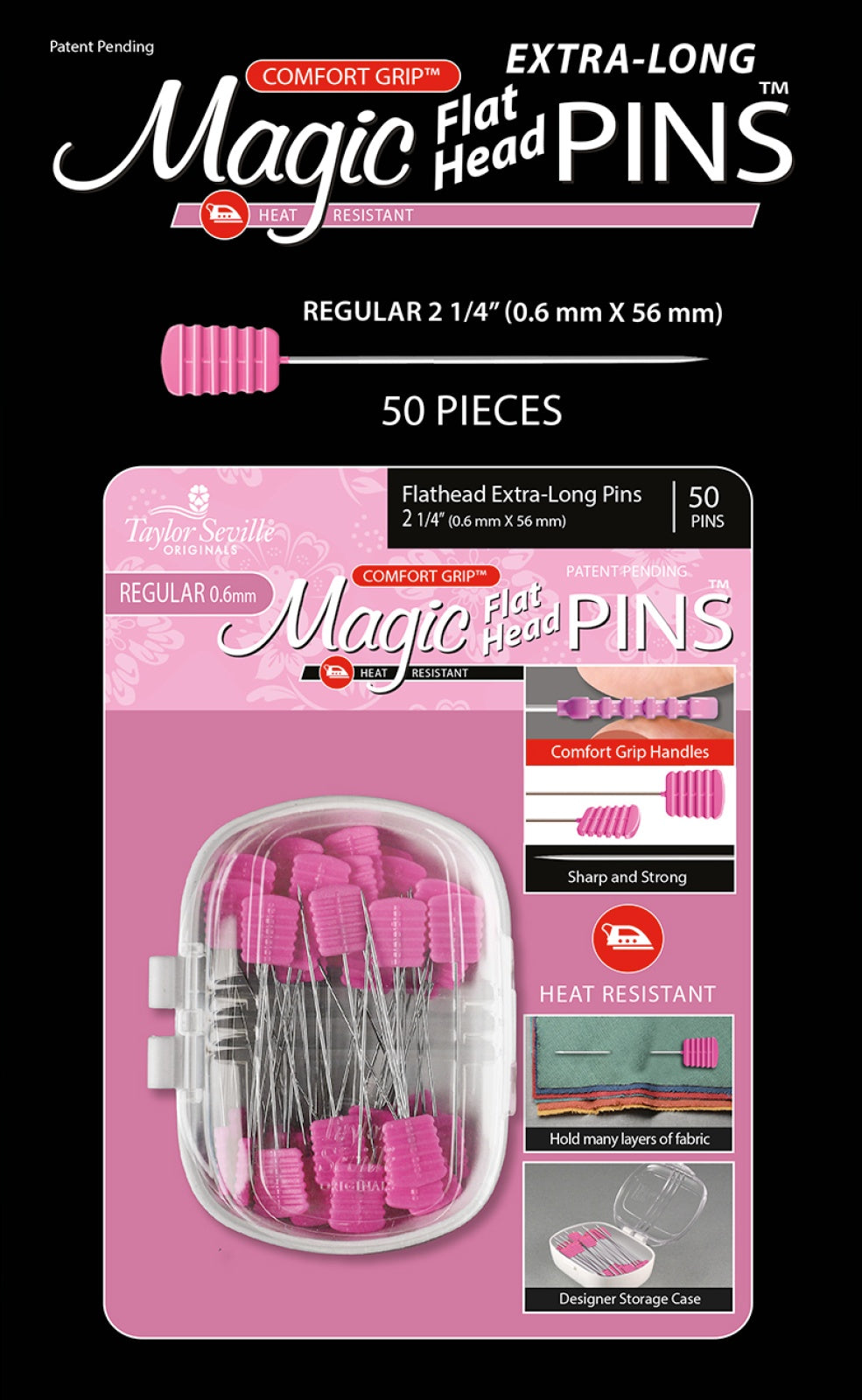 Magic Pins Flathead Extra Long Regular 0.6mm 50pc Quilt Pattern by Taylor Seville Original