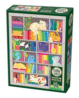 Cobble Hill 1000 Piece puzzle, poster included. Image of cats and quilting fabrics stacked on shelves in a rainbow