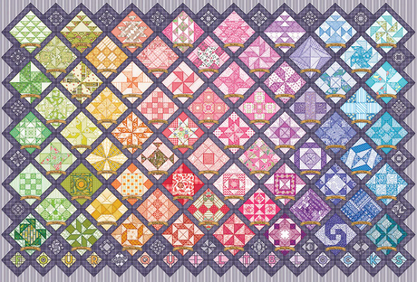  image of a pastel rainbow gradient of quilt blocks with varying patterns