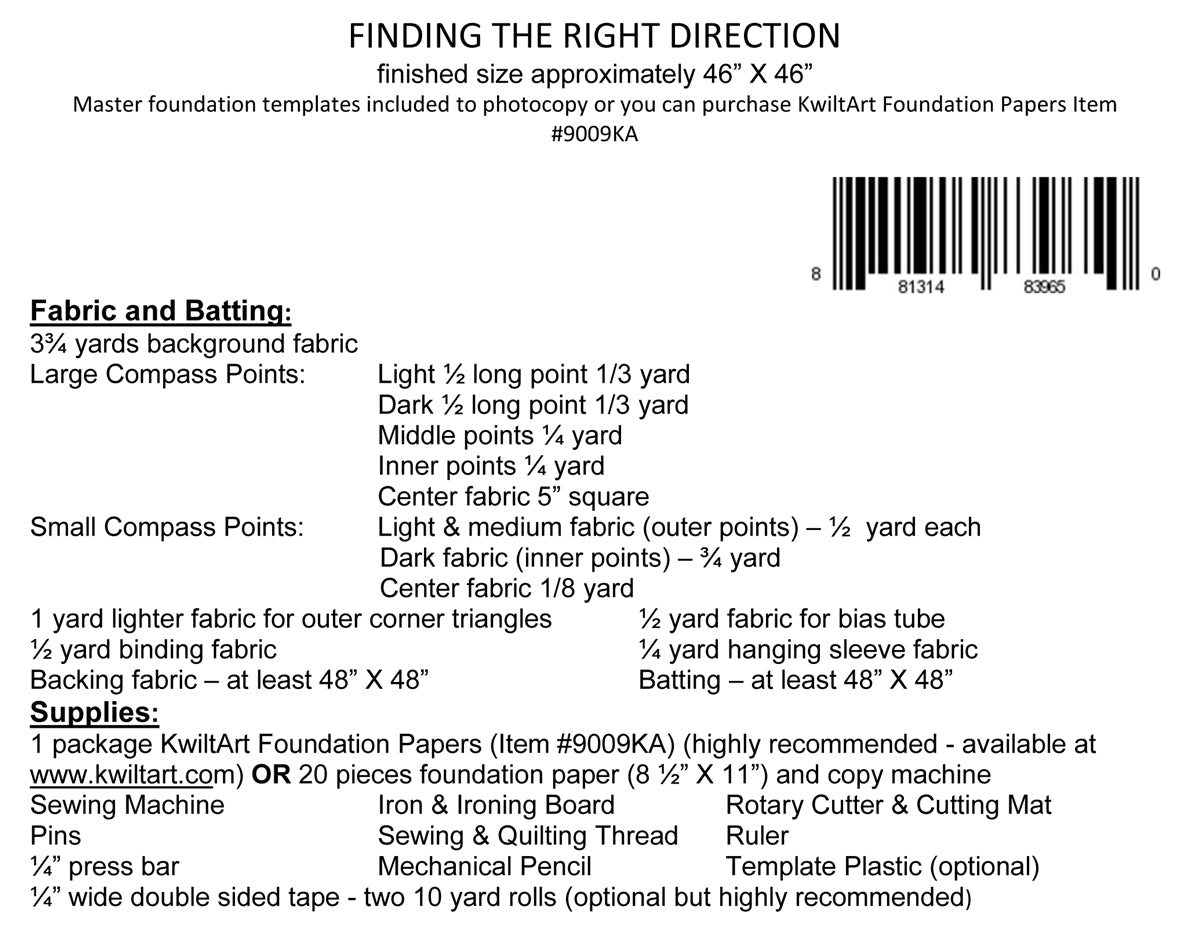 Back of the Finding the Right Direction Quilt Pattern by Kwilt Art