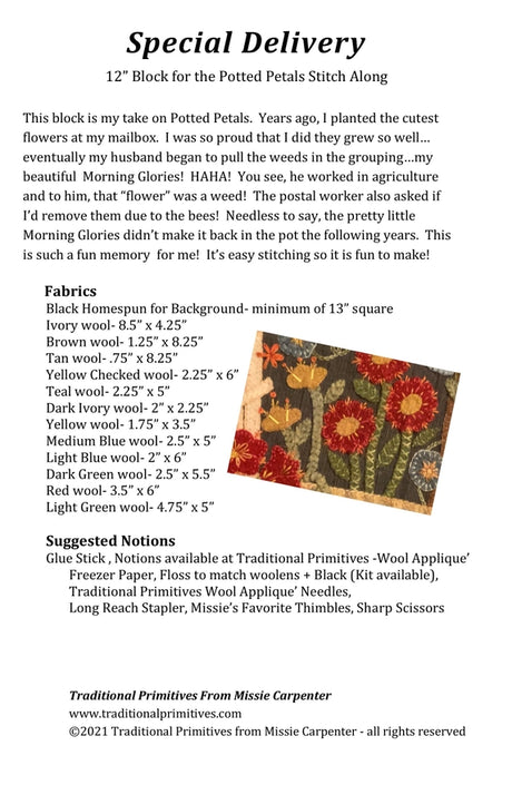 Back of the Special Delivery Block Wool Applique Pattern by Traditional Primitives