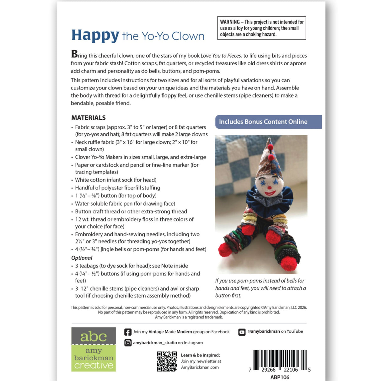 Back of the Happy the Yo-Yo Clown Pattern by Amy Barickman